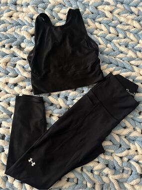 Under Armour Set XS Black Sports Bra Leggings w/ Pockets Compression HeatGear